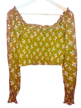 Aerie Floral Green Smocked Long Sleeve Crop Top NWT